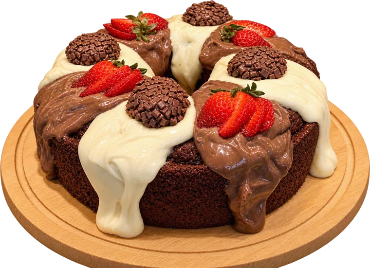 Bolo de chocolate redondo com coberturas de creme branco e Nutella, morangos e brigadeiros, sobre tábua de madeira