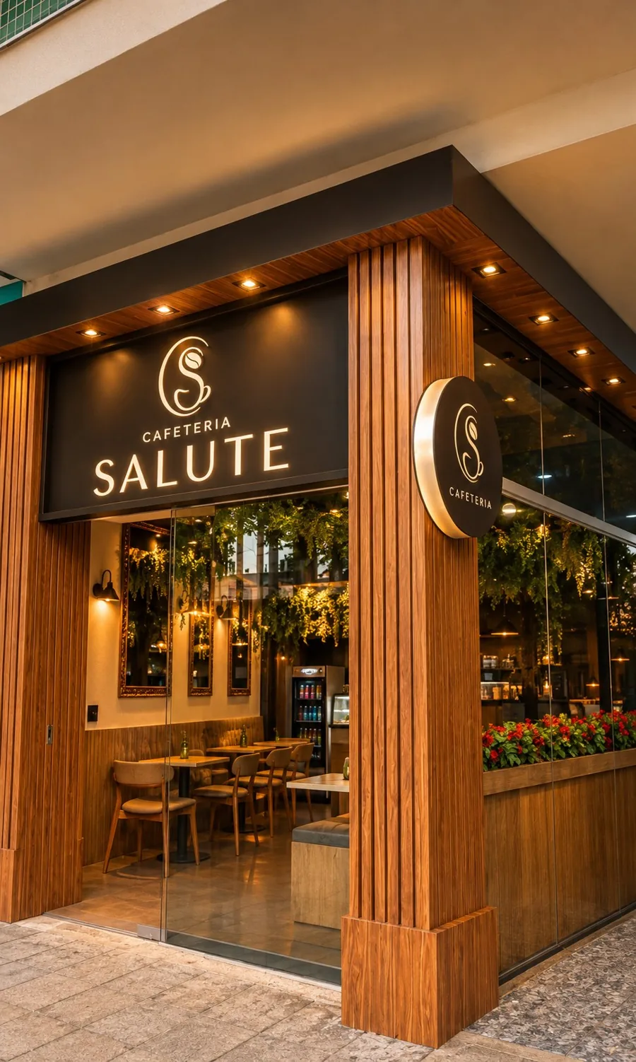 Fachada da Cafeteria Salute com colunas de madeira ripada, letreiro iluminado e vitrine de vidro