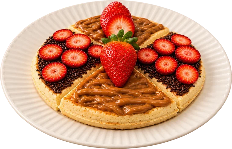 Waffle redondo em quatro partes com doce de leite, granulado de chocolate e morangos, em prato branco
